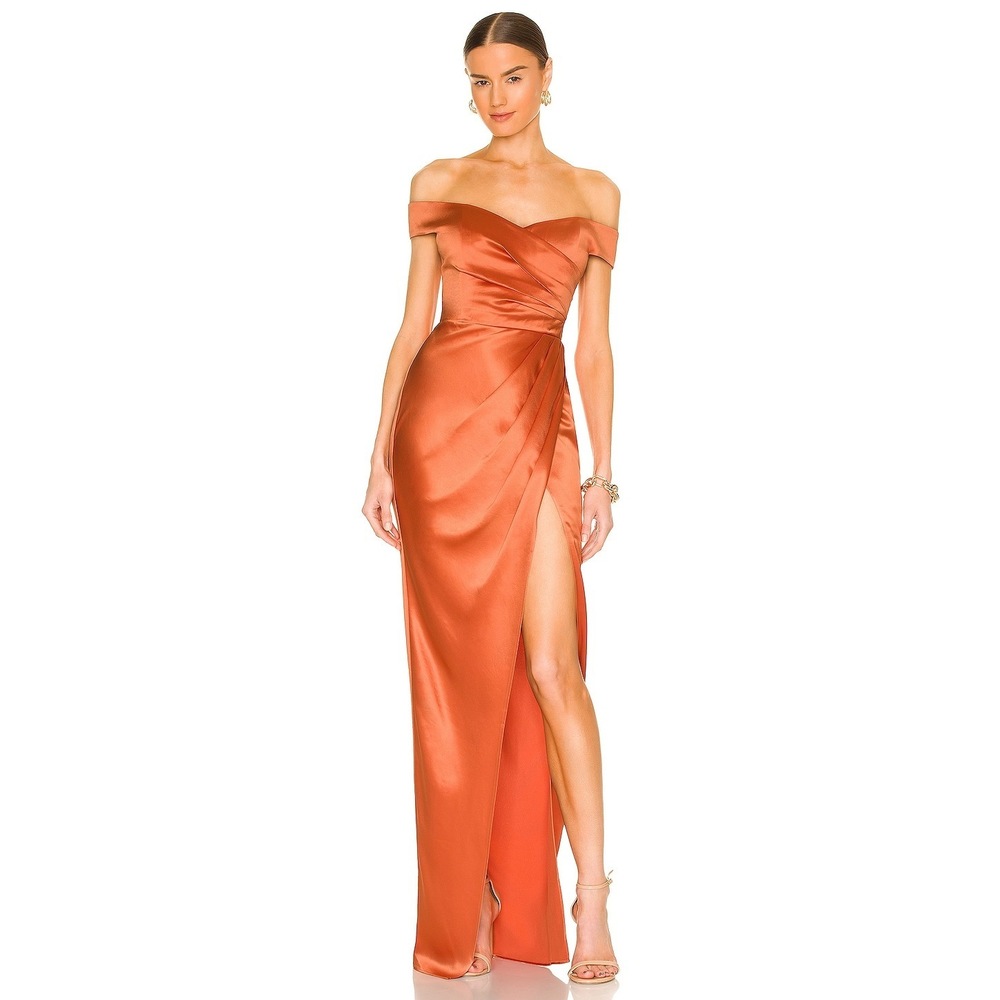 New SAU LEE x REVOLVE Gwyneth Gown in Copper rust orange silk satin off shoulder